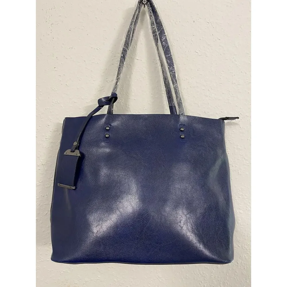 Y2K Womens Blue Colored Tote Handbag Convertible Crossbody Silver Faux Leather